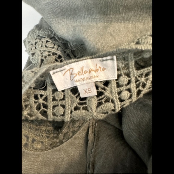 BELLAMBRA 100% Linen Dress Olive Green Made in Italy Crochet Back Sheath Shift - Picture 7 of 10